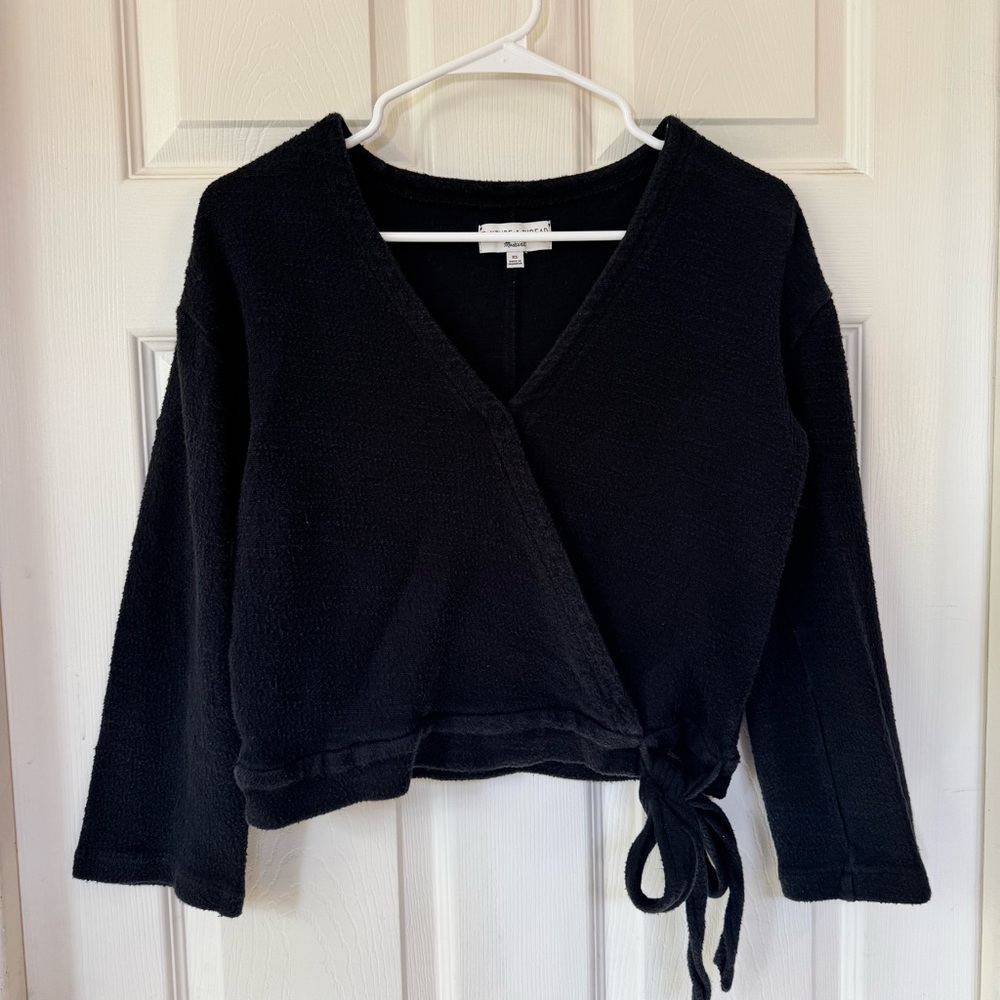 Madewell Texture & Thread XS Bell Sleeve Faux Side Wrap Tie Cropped Blouse Top